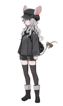 1girl animal_ears bag black_boots black_hat black_jacket black_shorts black_thighhighs boots brown_hair closed_mouth commentary derinhi1123 ears_through_headwear eyebrows_hidden_by_hair flat_chest from_side full_body hat highres jacket looking_ahead medium_hair mouse_ears mouse_girl mouse_tail original ribbon shadow shorts shoulder_bag simple_background solo tail tail_ornament tail_ribbon thighhighs white_background white_hair