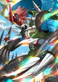 Rule 34 | armor, blue skin, blue wings, claws, colored skin, commentary request, digimon, digimon (creature), digimon adventure 02, green armor, green vest, helmet, highres, paildramon, red eyes, red helmet, sawa d, shakkoumon, shoulder spikes, silphymon, spikes, vest, wings