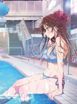 bare_shoulders blush breasts brown_eyes brown_hair cleavage hair_bun hirayama_kanna kanojo_okarishimasu kicking long_hair looking_down mizuhara_chizuru navel official_alternate_costume official_art pool poolside sitting smile swimsuit thighs water