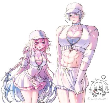 1boy 1girl baseball_cap blue_eyes braid breasts cleavage commentary_request crop_top crossdressing crossdressing_(mtf) cyrene_(anta)_(honkai:_star_rail) cyrene_(demiurge)_(honkai:_star_rail) cyrene_(honkai:_star_rail) embarrassed gradient_hair hair_ornament hat highres honkai:_star_rail honkai_(series) long_hair medium_breasts midriff multicolored_hair muscular mydei_(honkai:_star_rail) navel official_alternate_costume open_clothes phainon_(honkai:_star_rail) pink_eyes pink_hair ribbon sansuke801 skirt sleeveless smile thighs very_long_hair white_background white_hair