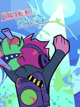 1boy anime_coloring aohara_ema arms_up brief_(psg) brown_hair chuck_(psg) coat colored_skin english_text fossil green_coat green_light green_skin highres knapsack panty_&amp;_stocking_with_garterbelt title underground