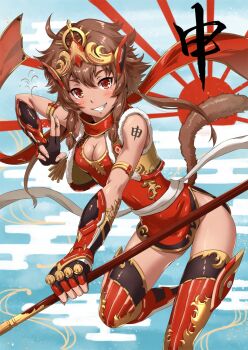 1girl breasts brown_hair chinese_zodiac cleavage_cutout clothing_cutout female_focus fingerless_gloves gauntlets gloves grin hair_between_eyes headgear looking_at_viewer medium_breasts monkey monkey_girl monkey_tail original red_eyes red_thighhighs sakiyamama short_hair smile solo standing standing_on_one_leg sun_wukong tail thighhighs