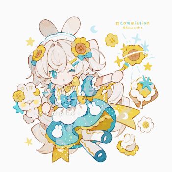 1girl ;o animal_ears apron ball_hands blue_bow blue_dress blue_eyes blue_shoes bow bowtie chibi chibi_only commission double-parted_bangs dress flower frilled_sleeves frills full_body hair_bow hair_flower hair_ornament highres holding holding_wand kanae_(cookie) long_hair looking_at_viewer one_eye_closed open_mouth original pantyhose rabbit_ears rabbit_girl shoes short_sleeves simple_background solo sunflower twitter_username two_side_up wand white_apron white_background white_hair white_pantyhose yellow_bow yellow_bowtie