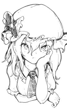 1girl ascot bow breasts collared_shirt frilled_bow frilled_shirt_collar frills greyscale hat hat_bow head_on_hand highres looking_at_viewer medium_hair mob_cap monochrome puffy_sleeves remilia_scarlet sashimi_oniku shirt short_sleeves simple_background small_breasts solo touhou upper_body
