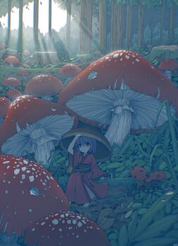 1girl absurdres adjusting_clothes adjusting_headwear barefoot bowl bowl_hat bug chinese_commentary commentary forest giant_mushroom giant_tree grass hat highres insect japanese_clothes kimono ladybug leaf light_rays long_sleeves looking_at_viewer mini_person minigirl mushroom nature obi open_mouth outdoors purple_hair red_eyes red_kimono sash scenery short_hair sitting solo sukuna_shinmyoumaru sword touhou tree tseum weapon wide_sleeves