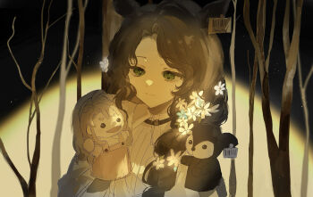 1girl animal_ears animal_puppet bare_tree black_background deer_ears deer_girl ear_tag flower green_eyes hair_flower hair_ornament hand_puppet hands_up highres jessica_(reverse:1999) long_hair lv11 puppet reverse:1999 shirt smile solo tree upper_body white_flower white_shirt