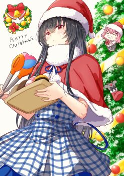 2girls amaori_renako ashigaya_high_school_uniform black_hair blue_ribbon blush bow bowtie capelet chibi christmas christmas_tree closed_eyes closed_mouth commentary_request donut dot_mouth dress facial_hair fake_facial_hair fake_mustache food food_request fur-trimmed_capelet fur_trim hair_ornament hairclip hat highres holding holding_tongs holding_tray koto_satsuki long_hair looking_at_viewer medium_hair merry_christmas mono9ron multiple_girls mustache neck_ribbon pink_hair pleated_skirt red_bow red_bowtie red_capelet red_eyes ribbon santa_hat school_uniform shirt simple_background skirt striped_clothes striped_dress thick_mustache tongs tray waitress watashi_ga_koibito_ni_nareru_wake_naijan_murimuri! white_background white_shirt x_hair_ornament