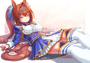1girl aiguillette animal_ears black_thighhighs blue_jacket blue_skirt blush bow breasts brown_hair center_frills closed_mouth commentary_request creape daiwa_scarlet_(peak_blue)_(umamusume) daiwa_scarlet_(umamusume) epaulettes fang framed_breasts frills garter_straps hair_intakes highres horse_ears horse_girl horse_tail jacket juliet_sleeves large_breasts layered_legwear layered_skirt long_hair long_sleeves looking_at_viewer lying on_back puffy_sleeves red_eyes shirt skirt smile solo tail thighhighs tiara twintails umamusume very_long_hair white_shirt white_skirt white_thighhighs zettai_ryouiki