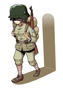 Rule 34 | 1girl, absurdres, backpack, bag, bolt action, brown eyes, brown hair, closed mouth, combat helmet, commentary request, dayue, gun, helmet, highres, kuomintang, long sleeves, mauser 98, military, military uniform, national revolutionary army, original, rifle, second sino-japanese war, short hair, simple background, solo, stahlhelm, taiwan, weapon, white background