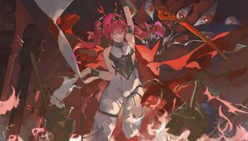 1girl absurdres arm_up armlet armor armpits black_bow bodysuit boots bow breastplate breasts chromatic_aberration commentary english_commentary hair_between_eyes hair_bow hairband headgear helmet highres jewelry long_hair looking_at_viewer lupa_(wuthering_waves) medium_breasts metal_hairband parted_lips pink_hair polearm rabbit saturn_(saturn_illus) smile solo thigh_boots twintails unworn_headwear unworn_helmet weapon white_bodysuit white_boots wolf wuthering_waves