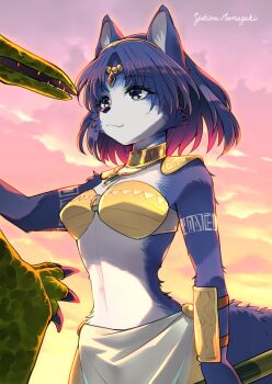 1girl :3 animal animal_ears animal_nose arm_tattoo arm_up armor artist_name bandeau blue_eyes blue_fur blue_hair body_fur breasts choker circlet claws cleavage closed_mouth cloud cowboy_shot crystal dinosaur female_focus fox_ears fox_girl fox_tail furry furry_female gem gold gradient_sky green_gemstone happy highres holding holding_polearm holding_weapon jewelry krystal loincloth matching_hair/eyes medium_breasts namagaki_yukina navel necklace nintendo open_mouth orange_sky outdoors polearm pterosaur red_gemstone sharp_teeth short_hair shoulder_armor signature sky smile snout solo standing star_fox star_fox_adventures stomach sunset tail tattoo teeth two-tone_fur vambraces weapon white_fur yellow_bandeau yellow_choker