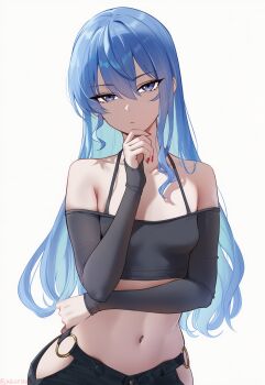 1girl ai-generated black_pants black_shirt blue_eyes blue_hair breasts closed_mouth clothing_cutout collarbone crop_top expressionless hair_between_eyes hand_on_own_chin highres hip_vent hololive hoshimachi_suisei kguy1920 long_hair long_sleeves looking_at_viewer nail_polish navel o-ring o-ring_bottom off-shoulder_shirt off_shoulder pants red_nails shirt sleeves_past_wrists small_breasts solo star_(symbol) star_in_eye symbol_in_eye virtual_youtuber white_background