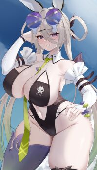 1girl animal_ears arm_belt arm_up between_breasts black_one-piece_swimsuit blue_sky blush breasts cleavage clothing_cutout cloud commentary curvy day detached_collar detached_sleeves english_commentary eyewear_on_head fake_animal_ears fate/grand_order fate_(series) first_one14 gradient_hair green_hair green_necktie grey_hair groin hair_between_eyes hair_ornament hair_rings hairclip hand_in_own_hair hand_on_own_hip highleg highleg_one-piece_swimsuit highres huyan_zhuo_(fate) huyan_zhuo_(swimsuit_berserker)_(fate) large_breasts long_hair long_hair_between_eyes looking_at_viewer low_twintails multicolored_hair navel navel_cutout necktie necktie_between_breasts novelty_glasses one-piece_swimsuit outdoors parted_lips purple-tinted_eyewear purple_eyes sideboob sidelocks sky solo standing swimsuit thick_thighs thigh_strap thighs tinted_eyewear twintails very_long_hair