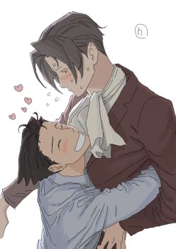 Rule 34 | 2boys, ace attorney, adam's apple, arms around waist, ascot, black hair, blush, brown jacket, closed eyes, collared shirt, curtained hair, flying sweatdrops, grey hair, grin, hand on own hip, heart, jacket, jibog1043588, lapels, long sleeves, male focus, miles edgeworth, multiple boys, notched lapels, phoenix wright, shirt, short hair, smile, sweat, white ascot, white background, white shirt, yaoi