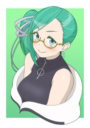 Rule 34 | .live, 1girl, bare shoulders, black shirt, blue eyes, blush, border, breasts, closed mouth, cropped torso, glasses, gradient background, green background, green hair, grey ribbon, hair ribbon, highres, jacket, jacket partially removed, kagura suzu (.live), large breasts, long hair, looking at viewer, magari (c0rn3r), o-ring, outside border, ribbon, shirt, side ponytail, simple background, sleeveless, sleeveless shirt, smile, solo, turtleneck, turtleneck shirt, upper body, v-shaped eyebrows, virtual youtuber, white border, zipper, zipper pull tab