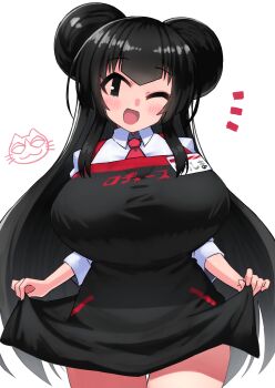 1girl apron black_apron black_eyes black_hair blush breasts collared_shirt commentary_request cowboy_shot double_bun hair_bun harashima_rojami highres large_breasts long_hair long_sleeves looking_at_viewer necktie no_sclera one_eye_closed open_mouth original red_necktie s_ibane shirt simple_background smile solo very_long_hair white_background white_shirt