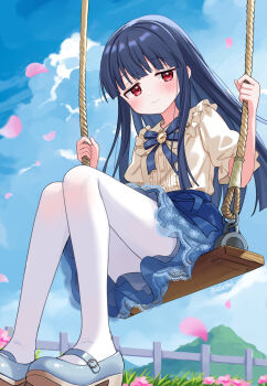 1girl blue_hair blush commentary day eluthel falling_petals frills highres idolmaster idolmaster_cinderella_girls long_hair looking_at_viewer outdoors pantyhose petals red_eyes sajo_yukimi shirt sitting skirt sky smile solo swing white_pantyhose