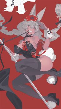 1girl animal_ears armband biting bow braid brown_hair choker dark_skin full_body gumvvvball hair_bow hat high_heels highres nurse_cap original playboy_bunny pole rabbit_ears rabbit_tail red_background red_eyes ribbon sharp_teeth solo tail teeth thighhighs twin_braids wrist_cuffs