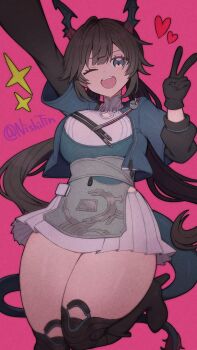 Rule 34 | 1girl, ;d, absurdres, arknights, arknights: endfield, black gloves, black hair, boots, breasts, chen qianyu (arknights), commentary request, cropped jacket, curvy, dragon girl, dragon horns, dragon tail, dress, gloves, grey eyes, heart, high heel boots, high heels, highres, horns, jacket, large breasts, long hair, nishitin, one eye closed, open mouth, pleated skirt, skirt, smile, star (symbol), tail, thick thighs, thighs, twintails, v, white skirt