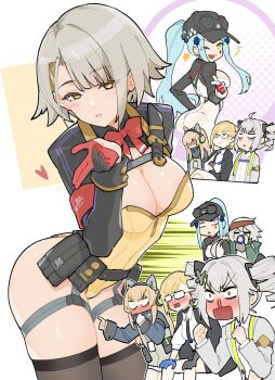 Rule 34 | 6+girls, animal ears, armband, assault rifle, bandana, belt, black hat, blonde hair, blood, bow, bowtie, cat ears, combat knife, formal clothes, g11 (girls' frontline), girls' frontline, girls' frontline 2: exilium, gloves, gun, h&amp;k hk416, harpsy (girls' frontline 2), hat, highres, hk416 (girls' frontline), klukai (girls' frontline 2), klukai (speed star) (girls' frontline 2), knife, mechty (girls' frontline 2), miharu (cgsky), multiple girls, nosebleed, official alternate costume, playboy bunny, pouch, pp-90 (girls' frontline), rifle, ruchey (girls' frontline 2), skin tight, suit, thigh strap, thighhighs, tmp (girls' frontline), twintails, vector (girls' frontline), vector (girls' frontline 2), vector (molotov bunny) (girls' frontline 2), weapon, welrod (girls' frontline 2), welrod mkii (girls' frontline), white background, white hair