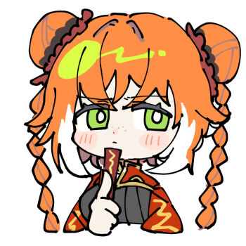 Rule 34 | 1girl, blush, braid, chibi, closed mouth, double bun, family hierarch candidate (identity) (project moon), folded fan, folding fan, freckles, green eyes, hair bun, hand fan, ishmael (project moon), limbus company, long hair, looking to the side, orange hair, pinch (nesume), project moon, red scrunchie, scrunchie, simple background, solo, twin braids, very long hair, white background