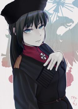 1girl absurdres armor belt black_hair black_shirt blookswashinda brown_belt collar_pin commentary english_commentary genderswap genderswap_(mtf) green_eyes hand_on_own_chest highres imperial_russian_army long_hair military_uniform pauldrons pyotr_nikolayevich_wrangel real_life russia russian_civil_war russian_empire russian_flag shirt shoulder_armor solo white_army