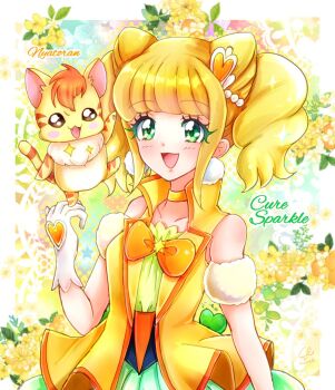 Rule 34 | 1girl, animal ears, blonde hair, blush, bow, cat, cat ears, choker, colored eyelashes, commentary request, cure sparkle, double bun, earrings, fairy, floral background, full body, gloves, green eyes, hair bun, hair ornament, happy, healin' good precure, hiramitsu hinata, image sample, jewelry, light smile, magical girl, nyatoran (precure), orange bow, pom pom (clothes), pom pom earrings, precure, skirt, smile, solo, thighhighs, twintails, uran (uran syukasyu), vest, white gloves, yellow background, yellow choker, yellow vest