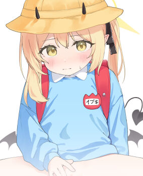 1girl aak absurdres blonde_hair blue_archive blush closed_mouth commentary cropped demon_tail demon_wings halo hat highres horns ibuki_(blue_archive) kindergarten_uniform loli looking_at_viewer out-of-frame_censoring paid_reward_available school_hat simple_background solo tail white_background wings yellow_eyes
