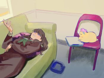 1girl animalization breasts brown_dress brown_hair cat chair clenched_teeth clipboard commentary couch dress fujishima_megumi green_neckerchief hasu_no_sora_school_uniform hat highres jitome large_breasts link!_like!_love_live! long_hair long_sleeves looking_at_another love_live! lying meme meme_request mira-cra_park! neckerchief nurse_cap on_back on_chair on_couch osawa_rurino peanut_mouth pen pipi_(m1x_mix) purple_eyes sailor_collar sailor_dress school_uniform symbol-only_commentary teeth therapy virtual_youtuber vital_sign_(love_live!) white_sailor_collar winter_uniform yellow_cat