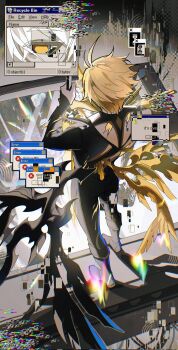 1boy blonde_hair computer gold_blood gold_tattoo highres honkai:_star_rail honkai_(series) male_focus monitor phainon_(honkai:_star_rail) phainon_(khaslana)_(honkai:_star_rail) riryachi solo spiked_hair white_hair yellow_eyes