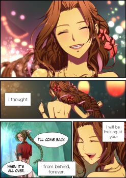 1girl aerith_gainsborough arms_behind_back backless_dress backless_outfit bangle bare_shoulders bracelet braid braided_ponytail breasts brown_hair closed_eyes cropped_jacket dress earrings english_text facing_away final_fantasy final_fantasy_vii final_fantasy_vii_remake flower forest grin hair_flower hair_ornament hair_ribbon halu-ca highres jacket jewelry long_hair looking_back medium_breasts nature necklace official_alternate_costume open_mouth outdoors parted_bangs pink_ribbon ponytail red_flower red_jacket red_ribbon ribbon ringlets sequential short_sleeves sidelocks sleeping_forest smile speech_bubble square_enix star_(symbol) star_earrings teeth wall_market