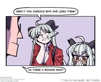 Rule 34 | 1boy, 2girls, ahoge, artist name, baphomet (grizz), black horns, blunt bangs, blush, breasts, chocolate, cleavage, comic, demon horns, eating, english text, food, grey background, grin, grizz, helltaker, helltaker (character), highres, horns, korean commentary, krampus (grizz), large breasts, long hair, long sleeves, medium hair, multiple girls, pale skin, red shirt, segmented comic, shirt, smile, teardrop, watermark, web address, white background, white hair