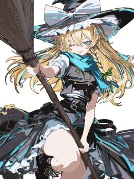 1girl ;p absurdres aqua_eyes aqua_scarf belt black_belt black_boots black_hat black_vest blonde_hair boots bow braid broom buttons chinese_commentary commentary green_ribbon hair_ribbon hat hat_bow highres holding holding_broom kirisame_marisa long_hair looking_at_viewer one_eye_closed puffy_short_sleeves puffy_sleeves ribbon scarf shirt short_sleeves side_braid simple_background single_braid solo tongue tongue_out touhou vest vxdrq white_background white_bow white_shirt witch_hat