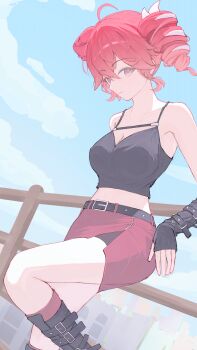1girl absurdres ahoge alternate_costume awaaki_momiji belt belt_boots bike_shorts bike_shorts_under_skirt black_belt black_boots black_gloves black_tank_top blue_sky boots breasts cleavage commentary_request crop_top day drill_hair fence fingerless_gloves glove_belt gloves hair_ribbon highres kasane_teto knee_boots leaning_back midriff miniskirt outdoors red_eyes red_hair red_skirt ribbon skirt sky solo tank_top twin_drills utau white_ribbon