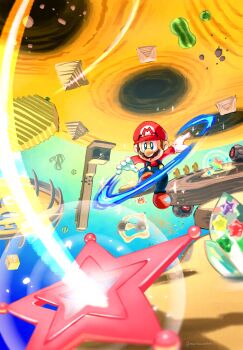 Rule 34 | 1boy, ? block, blue eyes, blue overalls, boots, brown boots, brown hair, facial hair, gloves, hat, highres, in-universe location, launch star (mario), life mushroom (mario), looking at viewer, male focus, maribou (supermaribou), mario, mario (series), mustache, nintendo, overalls, rainbow star (mario), red hat, red shirt, ruby rock (mario), shirt, short hair, solo, star bit, super mario galaxy, warp pipe, white gloves