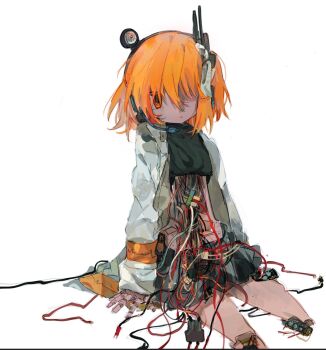 1girl a.i._voice adachi_rei amputee black_shirt black_skirt braid cable closed_mouth clothes_lift coat expressionless hair_over_one_eye hair_ribbon highres kumiko_11 long_sleeves looking_at_viewer one_side_up open_clothes open_coat orange_hair photo-referenced portrait ribbon shirt shirt_lift short_hair simple_background sitting skirt solo twin_braids utau white_background white_coat