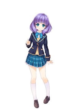 1girl blue_bow blue_bowtie blue_skirt bow bowtie brown_shoes cardigan full_body girlfriend_(kari) green_eyes jacket kiriyama_yuzuki loafers looking_at_viewer miniskirt official_art plaid_clothes plaid_skirt pleated_skirt purple_hair qp:flapper school_uniform shirt shoes simple_background skirt socks solo thighs transparent_background white_shirt white_socks yellow_cardigan