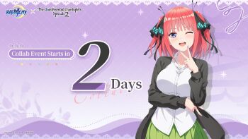 1girl arm_under_breasts black_bow black_jacket black_ribbon blue_eyes blue_nail_polish blue_nails blush bow breasts collarbone collared_shirt dot_nose english_text female_focus game_cg go-toubun_no_hanayome green_background hair_bow hair_ribbon highres jacket large_breasts long_sleeves looking_at_viewer medium_hair miniskirt nail_polish nakano_nino official_art one_eye_closed open_mouth peace_symbol pleated_skirt red_hair ribbon riichi_city school_uniform shirt skirt smile solo solo_focus teeth translated twintails upper_teeth_only white_shirt wink