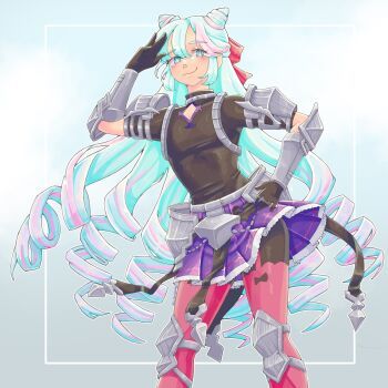1boy :3 androgynous blue_eyes blue_hair cone_hair_bun drill_hair fire_emblem fire_emblem_engage garter_straps hair_between_eyes hair_bun hair_horns highres long_hair looking_at_viewer male_focus nintendo occultoctoling pink_hair pink_thighhighs rosado_(fire_emblem) smile solo thighhighs trap