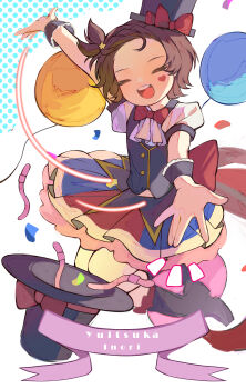 1girl :d absurdres ascot balloon bow bowtie brown_hair character_name closed_eyes dress facial_mark frilled_dress frills hat heart heart_facial_mark highres magic_trick medalist_(manga) open_mouth outstretched_arms red_bow red_bowtie smile solo teeth top_hat upper_teeth_only watermark weibo_username weibo_watermark worm yongmian_shenhai- yuitsuka_inori