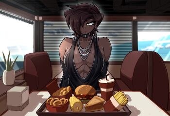 1girl abs albry_(zzzhodazzz) apple_pie black_dress breasts burger chicken_nuggets choker cleavage cloud cloudy_sky corn corn_cob cup dark-skinned_female dark_skin dating disposable_cup dress fast_food food french_fries hado_(zzzhadozzz) hair_over_one_eye highres jewelry napkin_holder necklace onion_rings original pie plant potted_plant short_hair sitting sky soda tomboy tray window