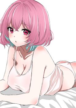 1girl :o aqua_hair ass ass_blush bare_shoulders bed_sheet blush breasts cleavage collarbone colored_inner_hair highres idolmaster idolmaster_cinderella_girls idolmaster_cinderella_girls_starlight_stage inuchanneko large_breasts looking_at_viewer lying median_furrow medium_hair multicolored_hair on_stomach open_mouth pale_skin panties pink_eyes pink_hair shoulder_blush simple_background solo tank_top two-tone_hair underwear white_background white_panties white_tank_top yumemi_riamu