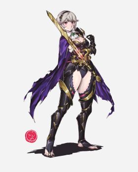 1girl alternate_hairstyle armor armored_leotard black_armor black_gauntlets black_hairband black_nails breasts cape female_corrin_(fire_emblem) female_corrin_(nohr_noble)_(fire_emblem) fire_emblem fire_emblem_fates fire_emblem_heroes gem green_gem hairband highres holding holding_sword holding_weapon kenjik76 leotard nail_polish nintendo official_alternate_costume pointy_ears purple_cape simple_background sword toenail_polish toenails torn_cape torn_clothes weapon white_background yato_(fire_emblem)