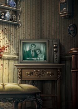 Rule 34 | 1boy, 1girl, blood, blood splatter, blood stain, check commentary, china (object), clock, commentary request, crt, drawer, english text, grandfather clock, highres, indoors, irony, kobone awaki, lamp, muted color, object request, original, painting (object), photo (object), picture frame, shelf, television, vase, wainscoting, wallpaper (object)