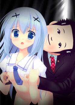 1boy 1girl absurdres black_suit blue_shirt blush commentary_request formal_clothes gochuumon_wa_usagi_desu_ka? highres kafuu_chino karasawa_takahiro koushinism lawyer necktie nipple_stimulation real_life red_necktie sex sex_from_behind shirt suit szk torn_clothes