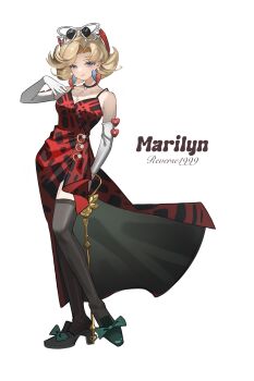 1girl absurdres bare_shoulders black_thighhighs blonde_hair blue_eyes cane character_name copyright_name dress earrings elgyuli english_text eyewear_on_head full_body green_shoes hand_up highres holding holding_cane jewelry long_dress plaid_clothes plaid_dress red_dress reverse:1999 shoes short_hair side_slit sleeveless sleeveless_dress solo spaghetti_strap sunglasses sweetheart_(reverse:1999) thighhighs white_background