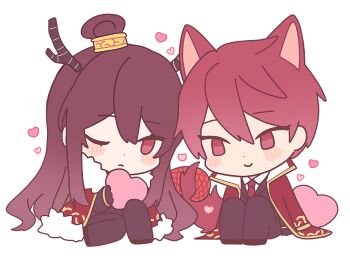 1boy 1girl animal_ears black_gloves black_jacket black_pants blush brown_hair cape chibi closed_mouth couple dragon_horns dragon_tail frown fur-trimmed_cape fur_trim gloves gold_trim happy heart hetero holding holding_heart horns husband_and_wife jacket library_of_ruina long_hair lowell_(project_moon) one_eye_closed pants project_moon red_cape red_eyes red_hair short_hair sidelocks sitting smile tail very_long_hair white_background wolf_ears wolf_tail xiao_(project_moon) y_o_u_k_a