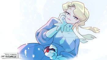 Rule 34 | 1girl, blonde hair, blue eyes, breasts, cheesecakes by lynx, choker, cleavage, collarbone, dress, glacia (pokemon), gloves, highres, large breasts, low-cut, mature female, nintendo, pink lips, pokemon, pokemon omega ruby and alpha sapphire, puffy sleeves, purple dress, quad tails, smile, solo, three-quarter sleeves, tsurime, white choker, white gloves