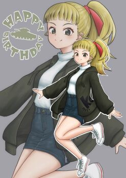 1girl absurdres amanone_yun blonde_hair blue_skirt blush breasts closed_mouth commentary_request full_body girls_und_panzer green_eyes hair_ribbon highres long_hair looking_at_viewer miniskirt ponytail ribbon skirt small_breasts smile solo wallaby_(girls_und_panzer)