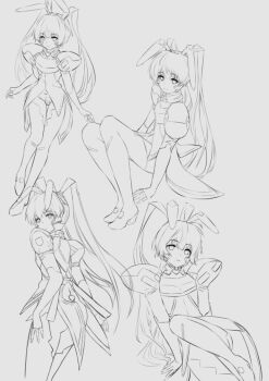 1girl animal_ears armored_bodysuit bodysuit covered_navel fake_animal_ears fortified_suit fortified_suit_(yashiro_kasumi) juliet_sleeves legs long_hair long_sleeves looking_at_viewer mecha_pilot_suit mechanical_ears monochrome multiple_views muv-luv muv-luv_alternative puffy_sleeves rabbit_ears sketch solo takasata_takina twintails very_long_hair yashiro_kasumi